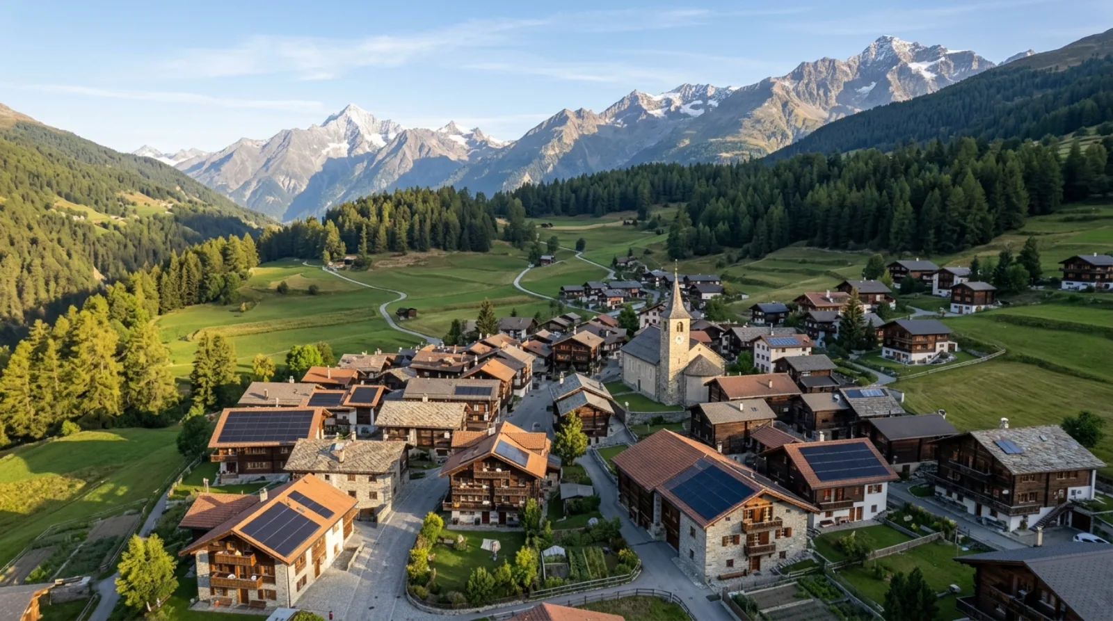 Vue aérienne d'un village suisse avec des toitures solaires
