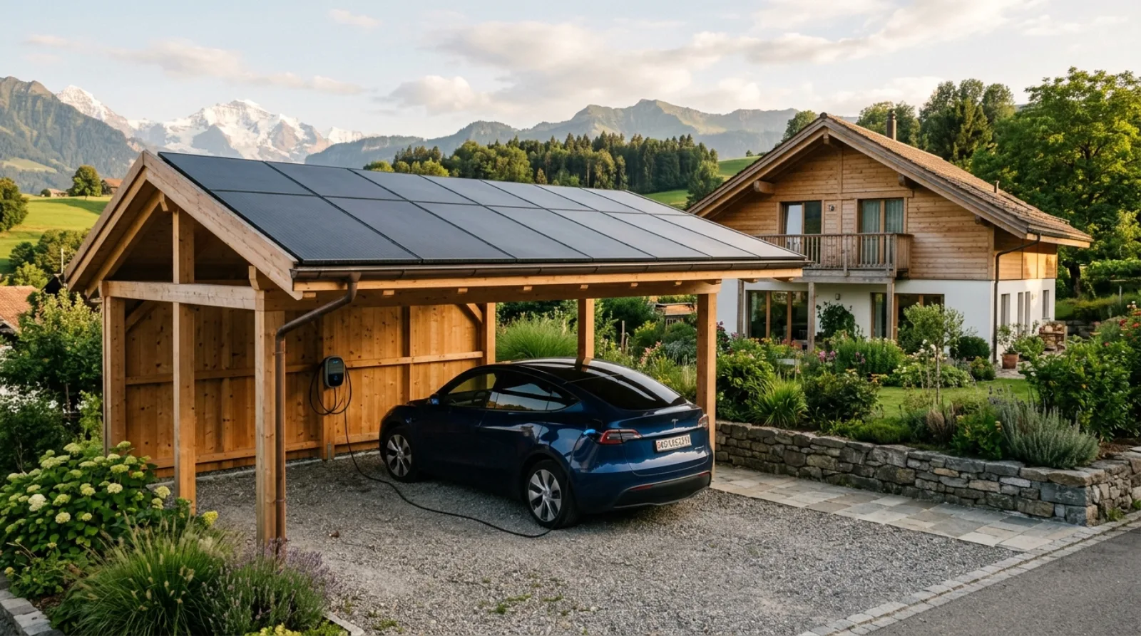 Carport solaire avec voiture électrique en recharge