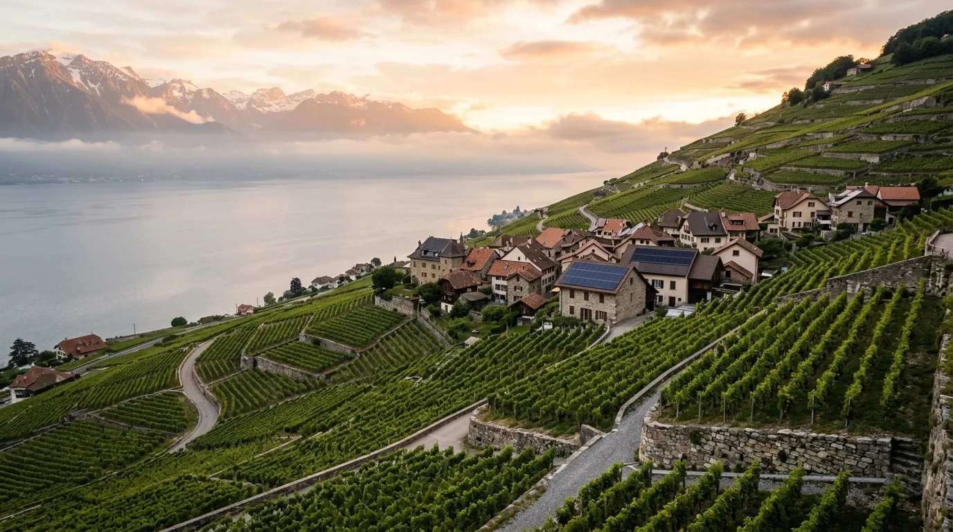 Vignoble de Lavaux au lever du soleil avec des toits solaires