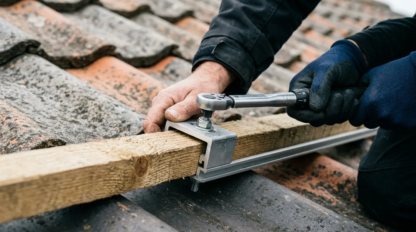 Fixation d'un rail support de panneau solaire sur une toiture en tuiles