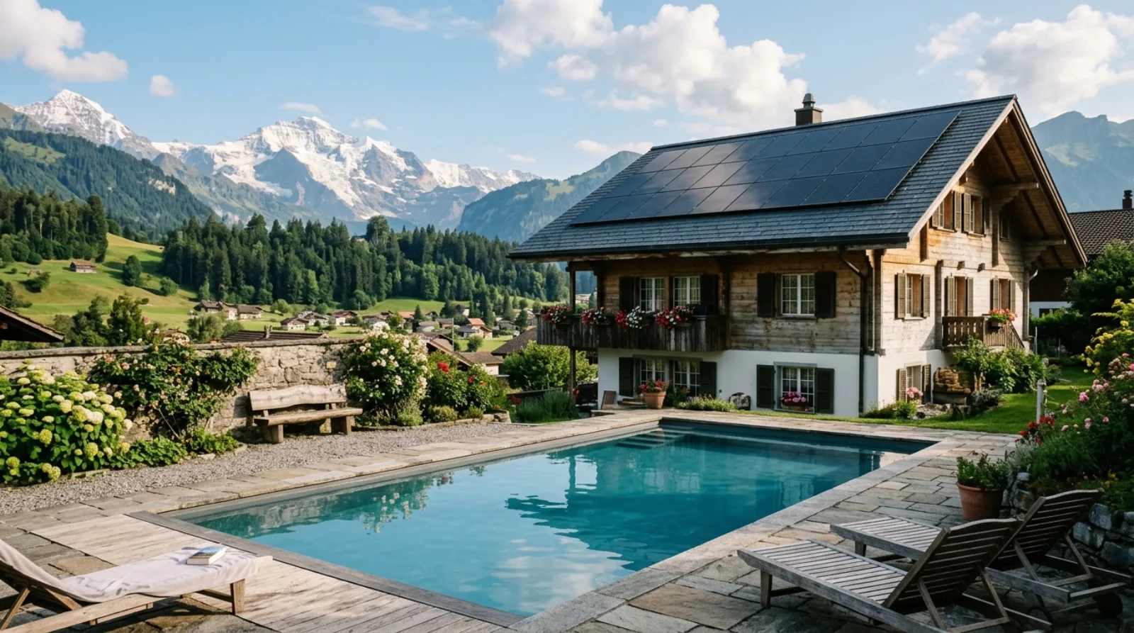 Piscine privée devant une maison suisse équipée de panneaux solaires