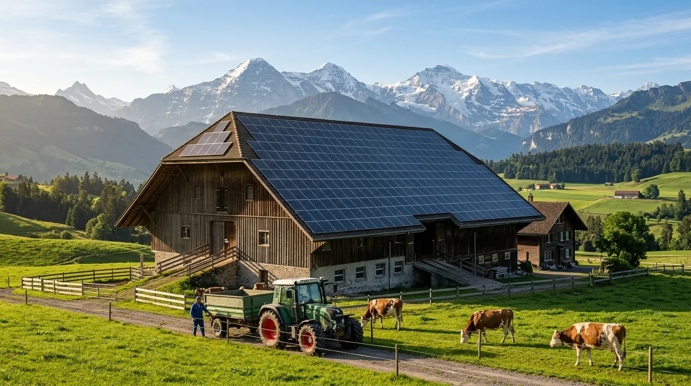 Grande toiture de ferme suisse couverte de panneaux solaires