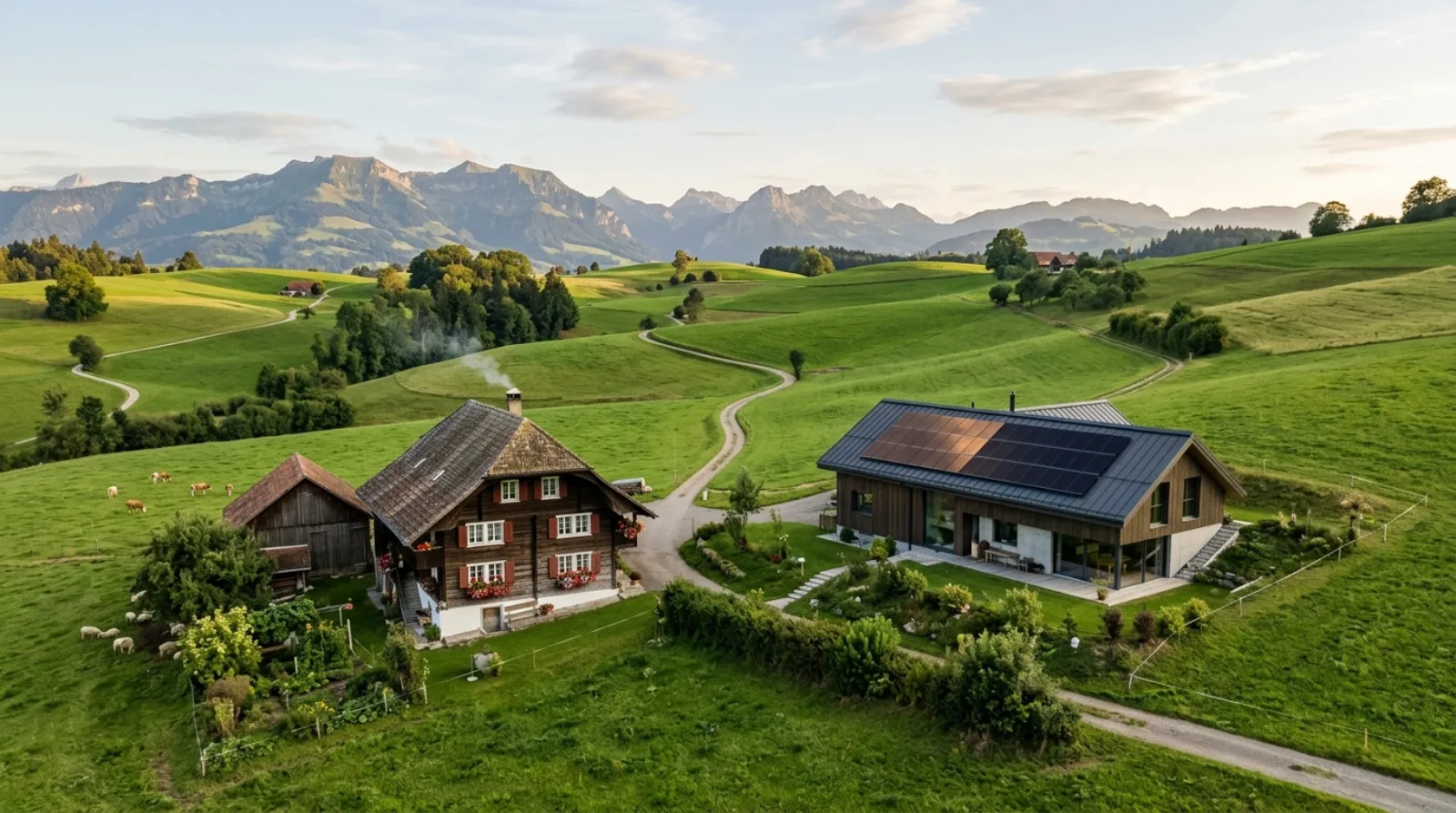 Campagne fribourgeoise avec une maison équipée de panneaux solaires