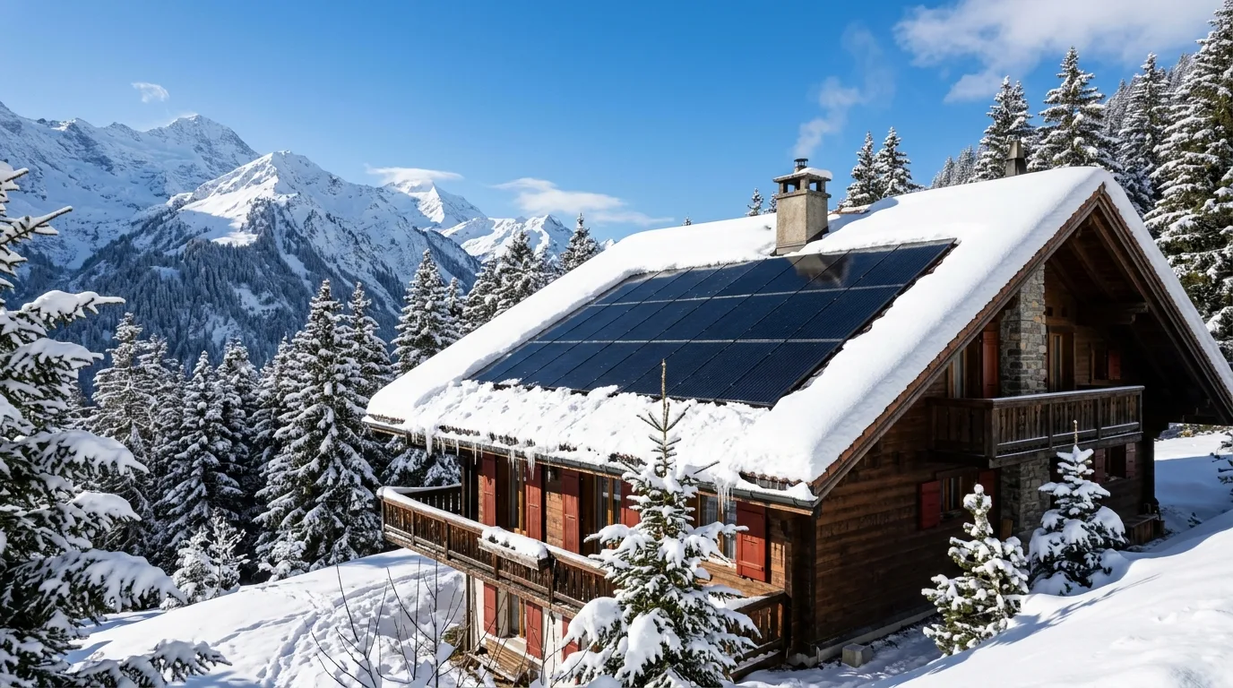 Chalet valaisan avec panneaux solaires au-dessus de la mer de brouillard