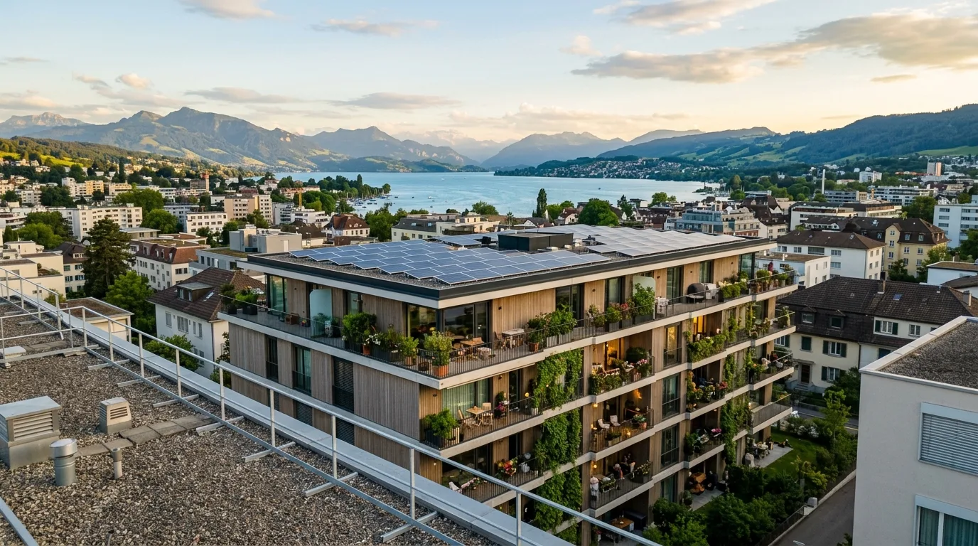 Immeuble suisse équipé de panneaux solaires en toiture