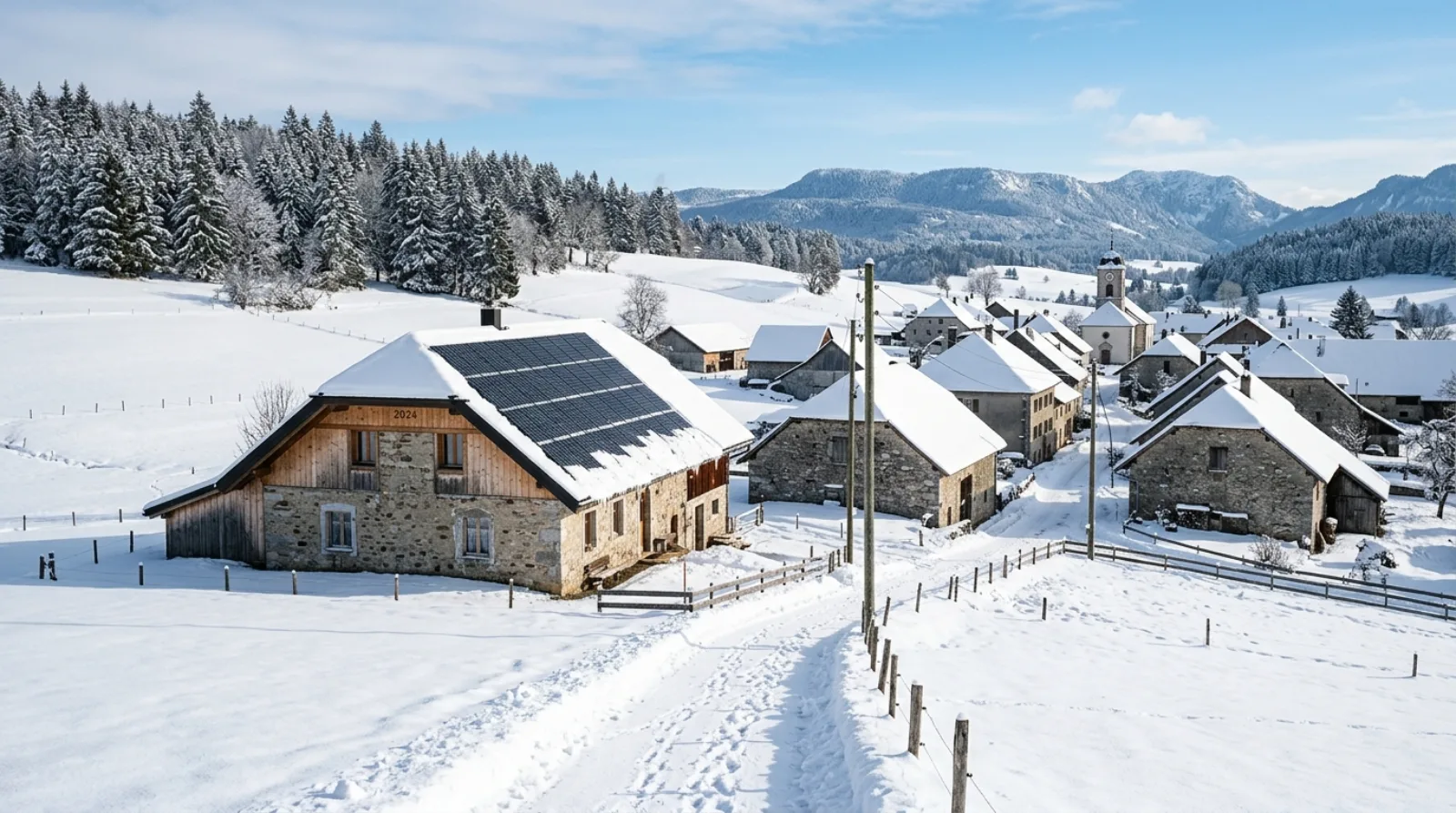 Village jurassien en hiver avec une toiture solaire dégagée