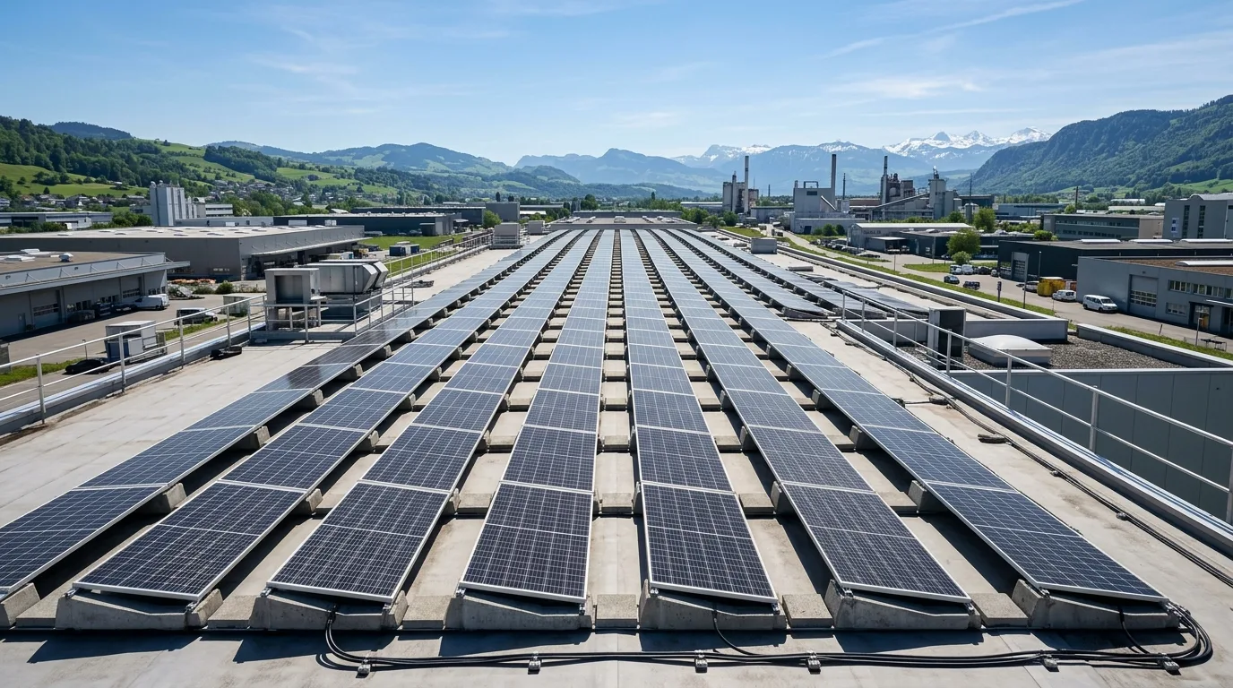 Panneaux solaires sur le toit plat d'un immeuble