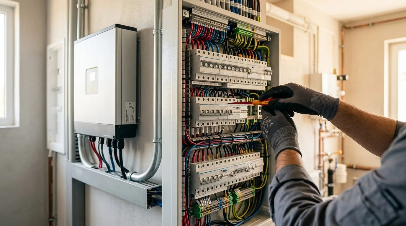 Onduleur hybride et tableau électrique d'une installation solaire avec batterie