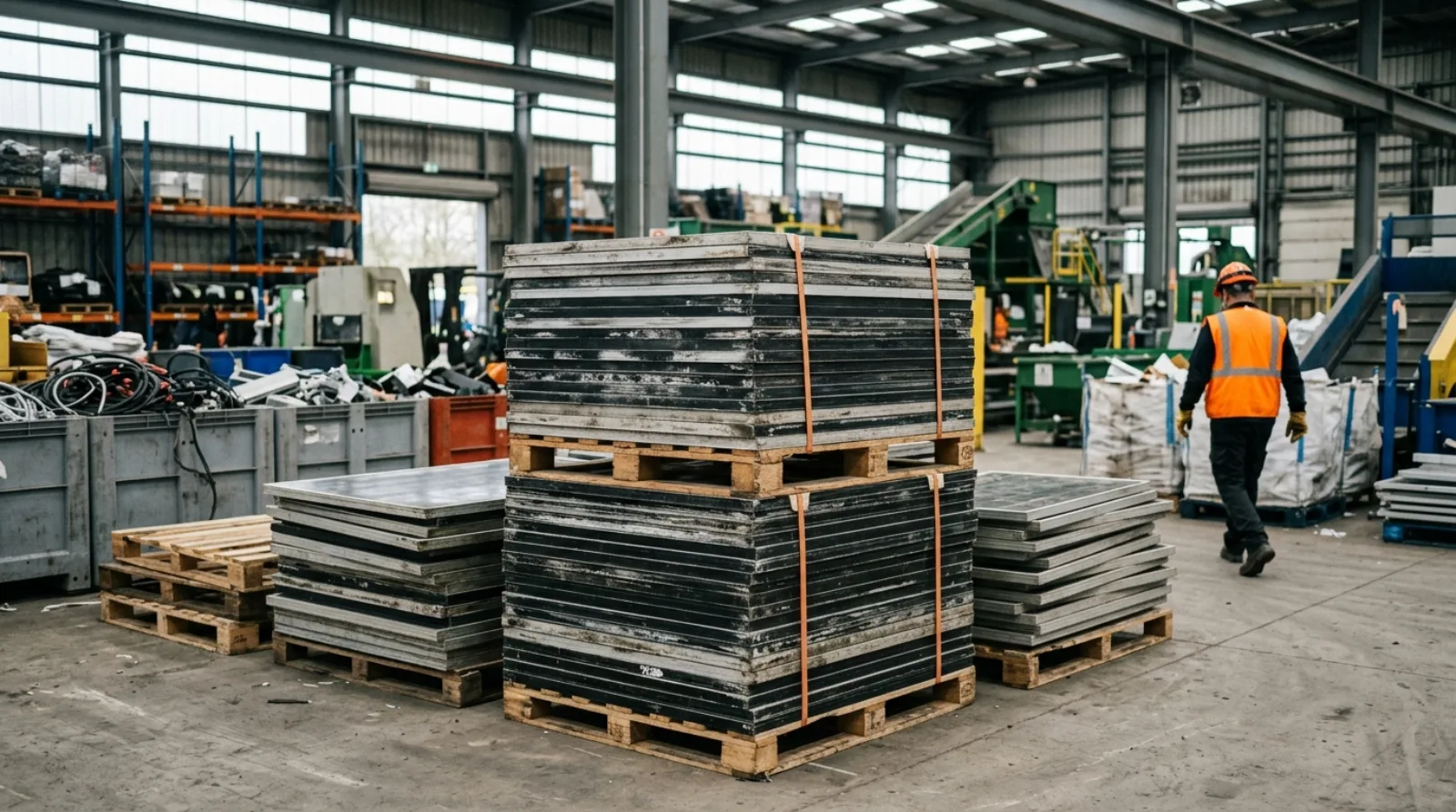 Panneaux photovoltaïques en fin de vie dans un centre de recyclage